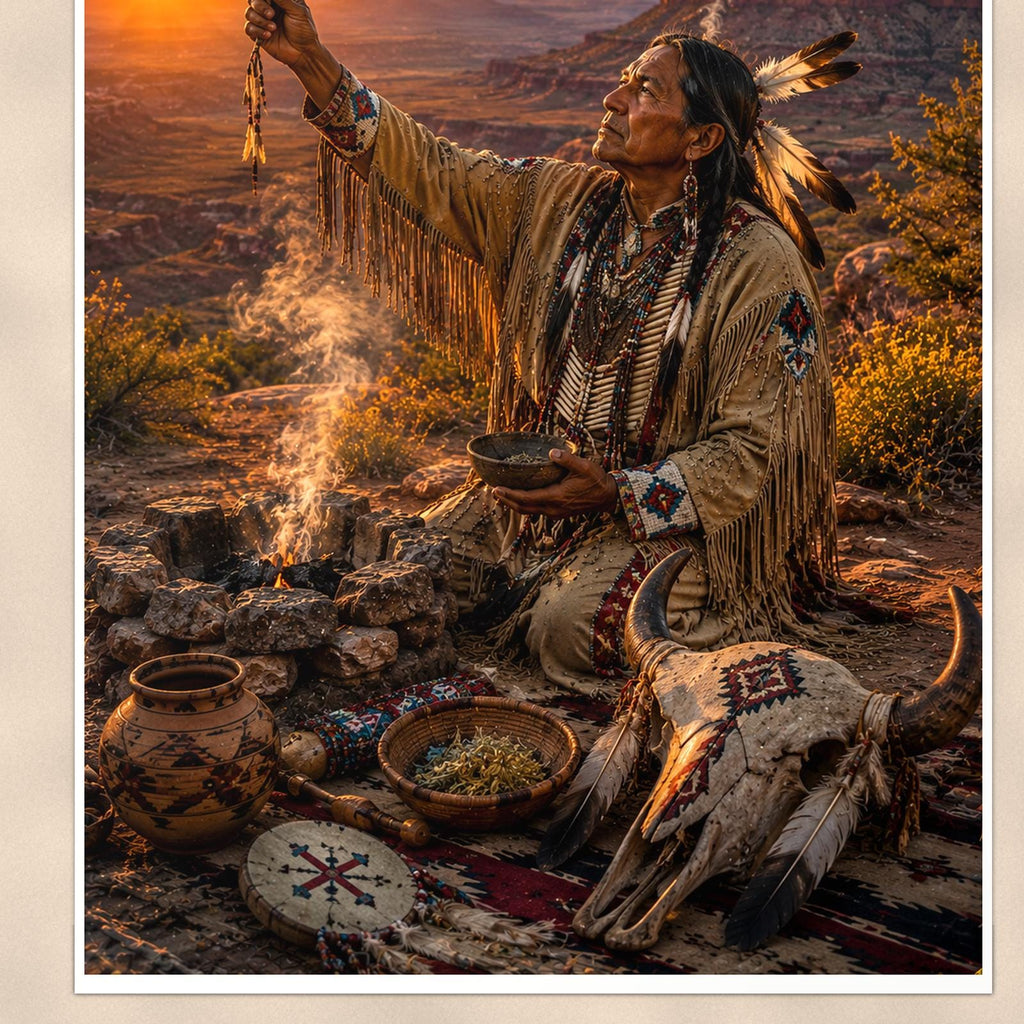 Native Pottery Scene — 24x36 in art print poster, premium luster paper with a white border; close-up framed on the main subject of the artwork, paper surface visible.