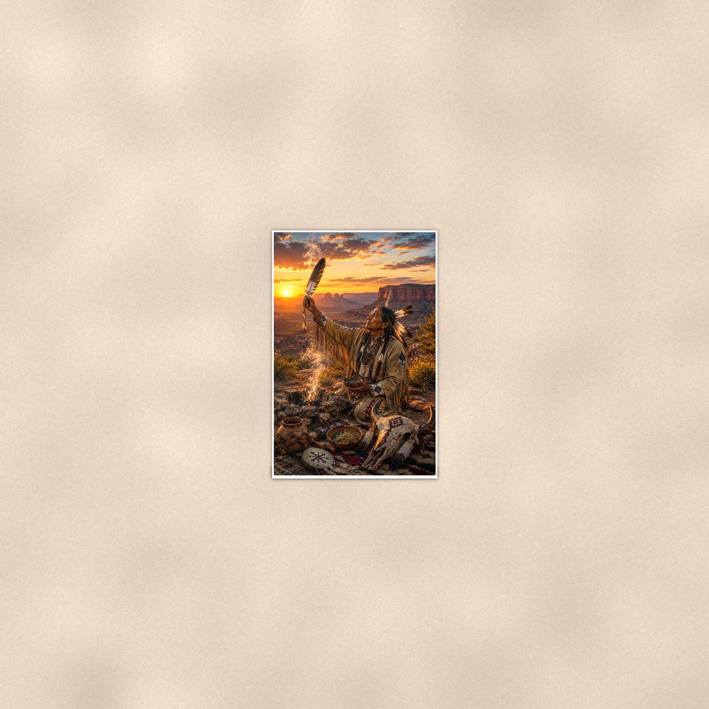 Native Pottery Scene — 24x36 in art print poster, premium luster paper with a white border; poster seen from further back, at true 24x36 in scale on a warm wall.