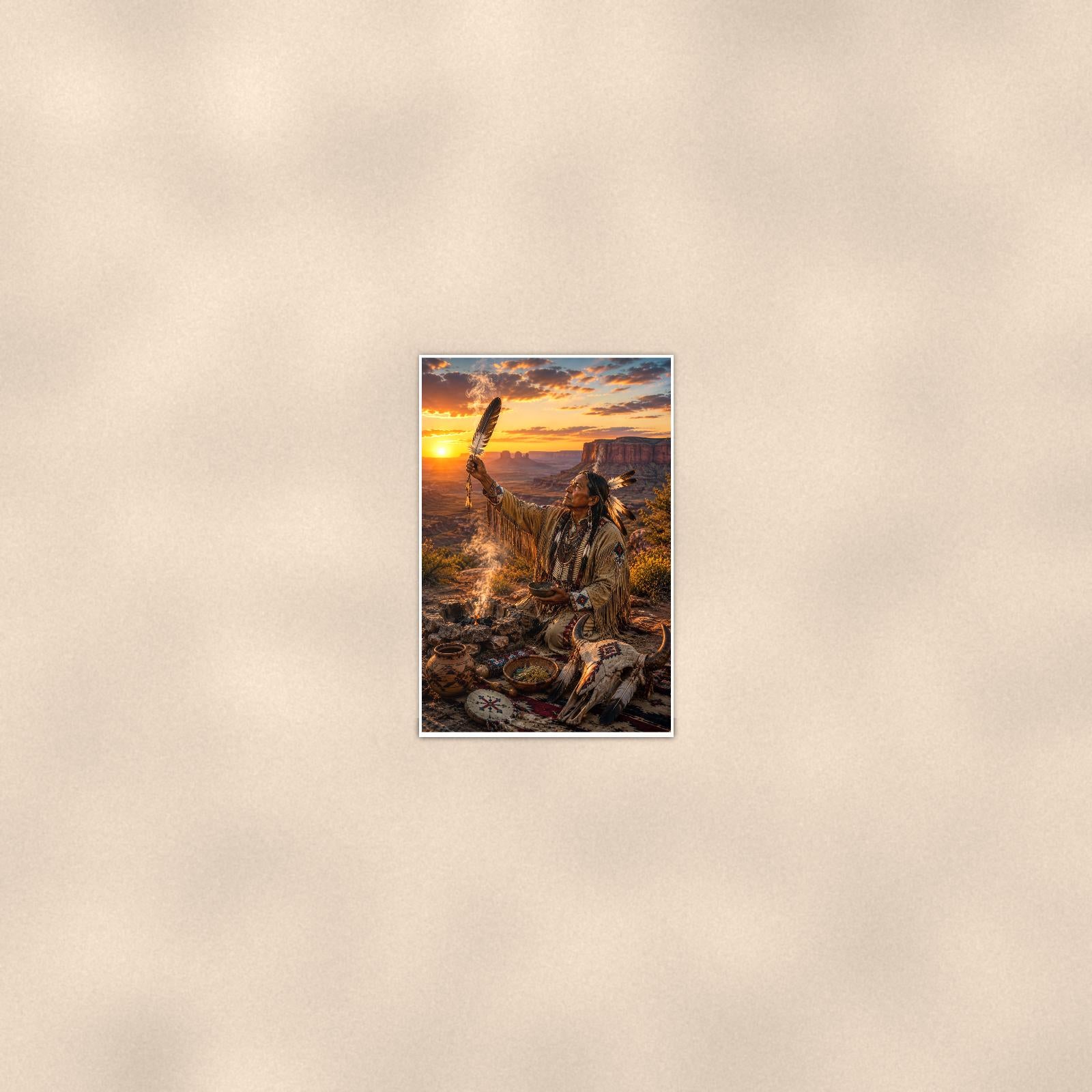 Native Pottery Scene — 24x36 in art print poster, premium luster paper with a white border; poster seen from further back, at true 24x36 in scale on a warm wall.
