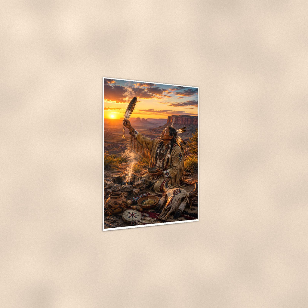 Native Pottery Scene — 24x36 in art print poster, premium luster paper with a white border; gentle three-quarter angle on a warm wall, showing the flat paper edge.