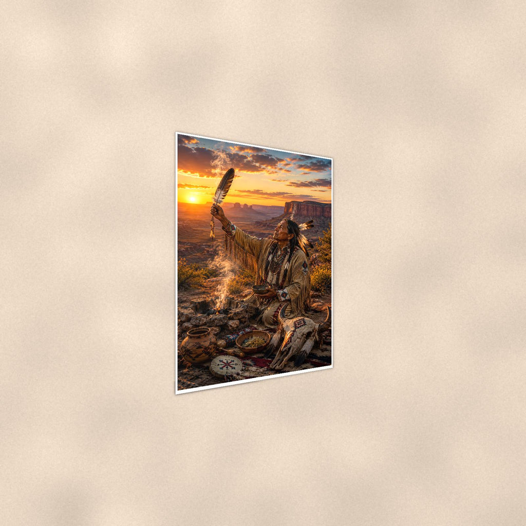 Native Pottery Scene — 24x36 in art print poster, premium luster paper with a white border; steeper three-quarter angle on a warm wall, catching the luster sheen.