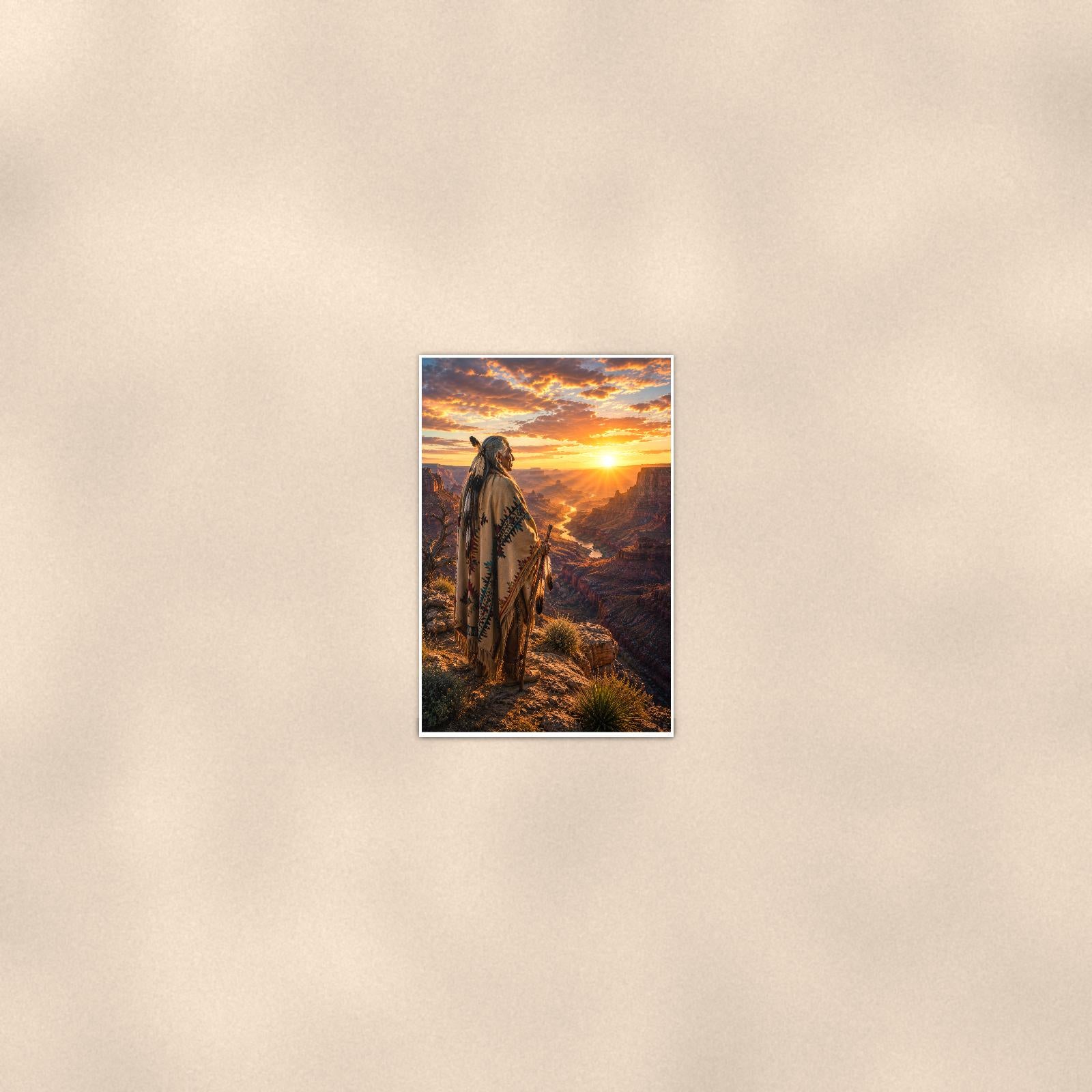 Native Canyon Overlook — 24x36 in art print poster, premium luster paper with a white border; poster seen from further back, at true 24x36 in scale on a warm wall.