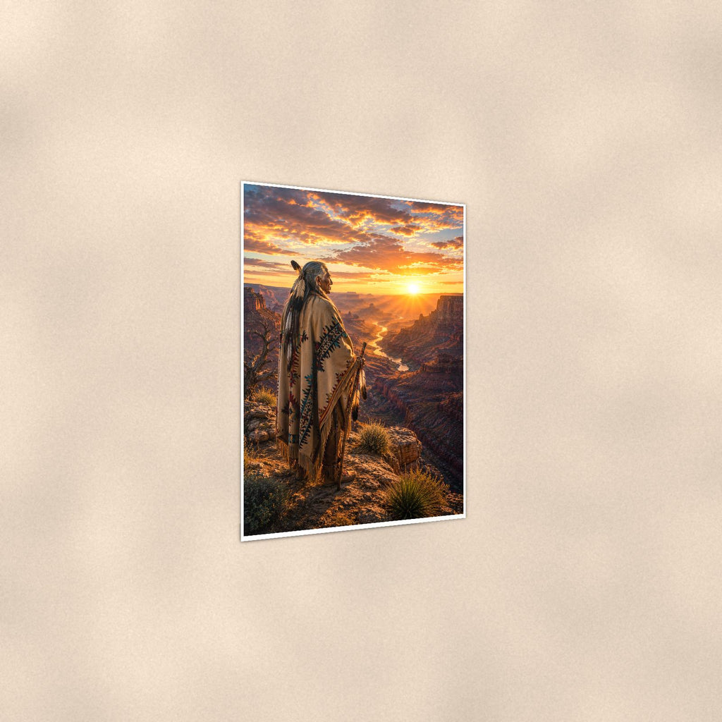 Native Canyon Overlook — 24x36 in art print poster, premium luster paper with a white border; gentle three-quarter angle on a warm wall, showing the flat paper edge.