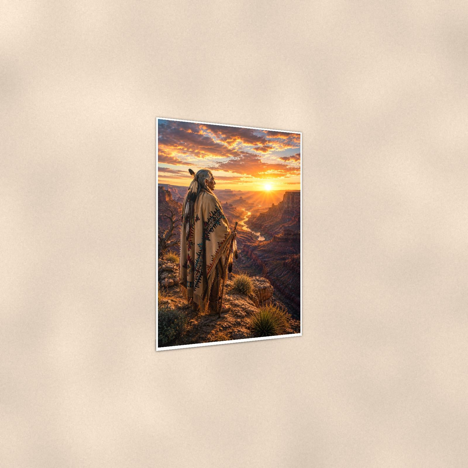 Native Canyon Overlook — 24x36 in art print poster, premium luster paper with a white border; gentle three-quarter angle on a warm wall, showing the flat paper edge.
