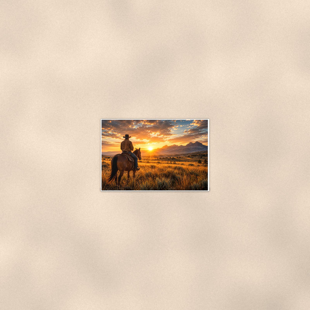 Prairie Rider Sunset — 36x24 in art print poster, premium luster paper with a white border; poster seen from further back, at true 24x36 in scale on a warm wall.