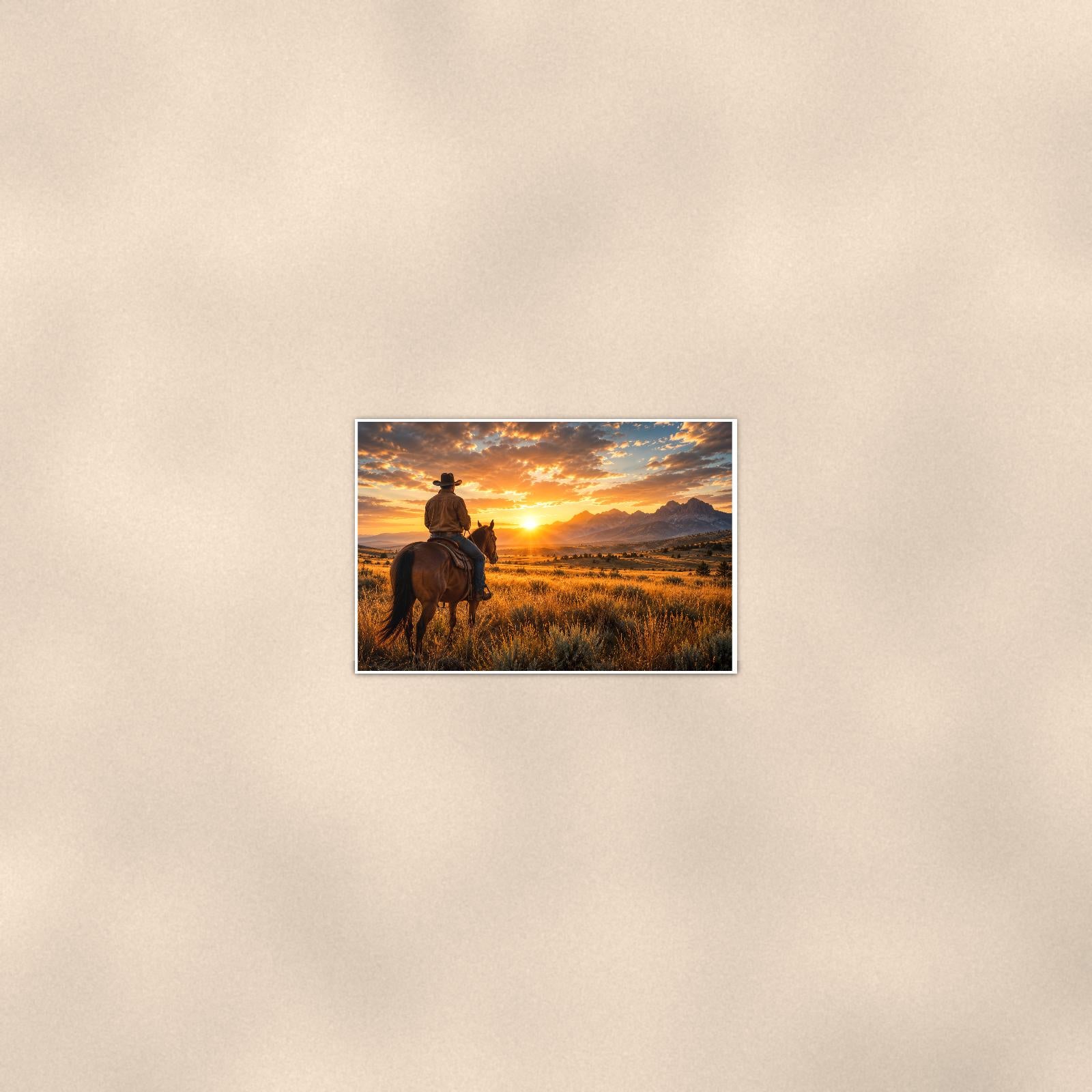 Prairie Rider Sunset — 36x24 in art print poster, premium luster paper with a white border; poster seen from further back, at true 24x36 in scale on a warm wall.