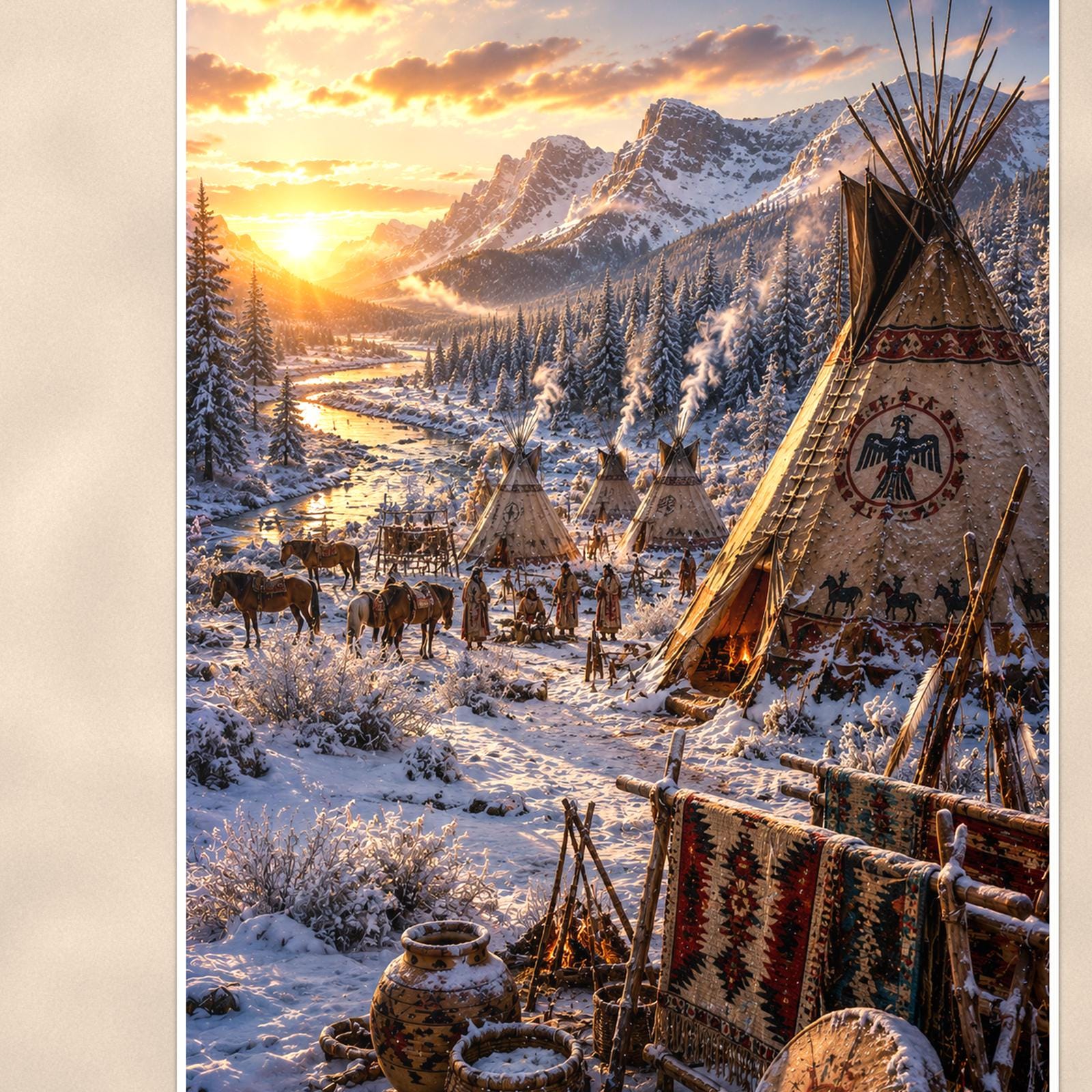 Snowy Teepee Camp — 24x36 in art print poster, premium luster paper with a white border; close-up framed on the main subject of the artwork, paper surface visible.