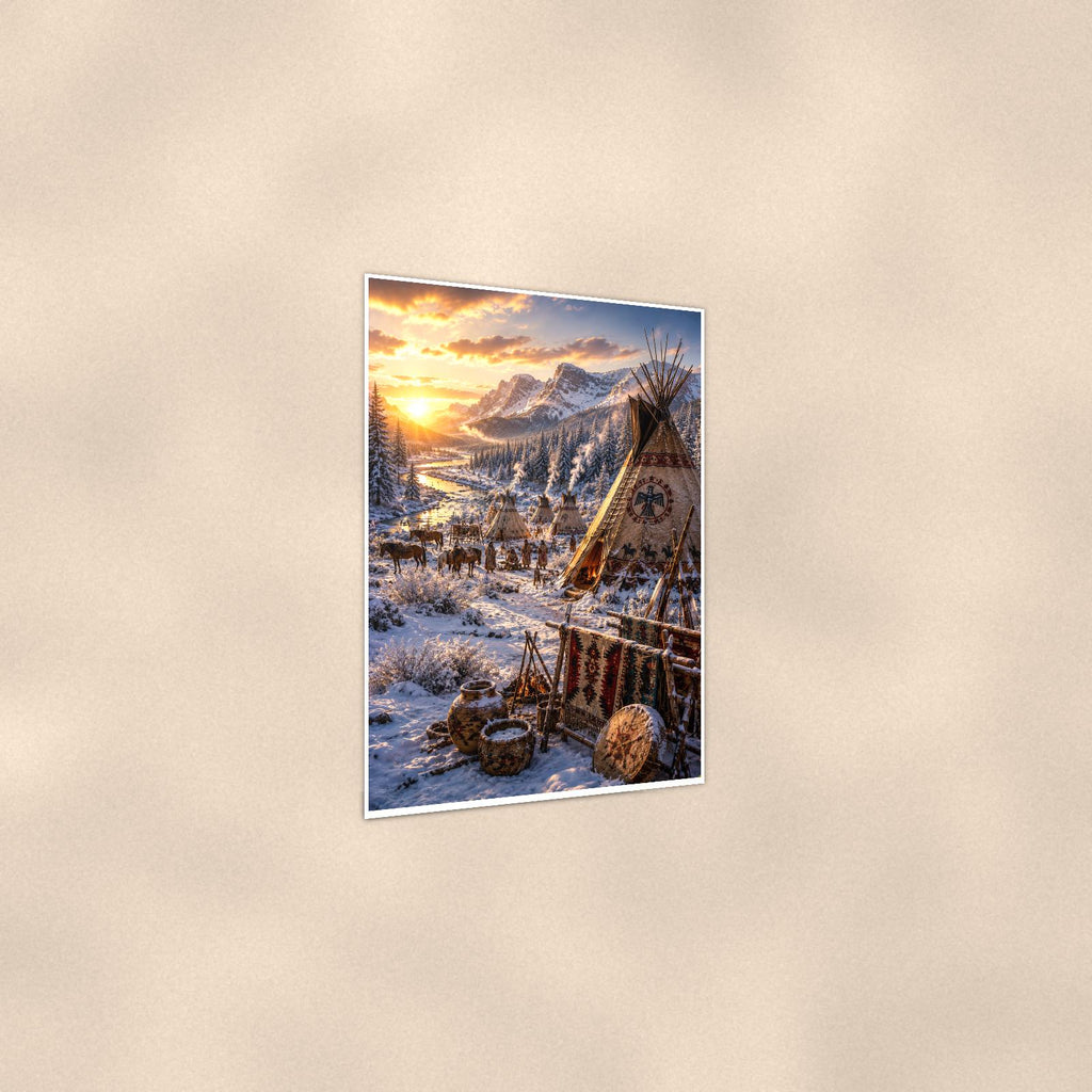 Snowy Teepee Camp — 24x36 in art print poster, premium luster paper with a white border; gentle three-quarter angle on a warm wall, showing the flat paper edge.