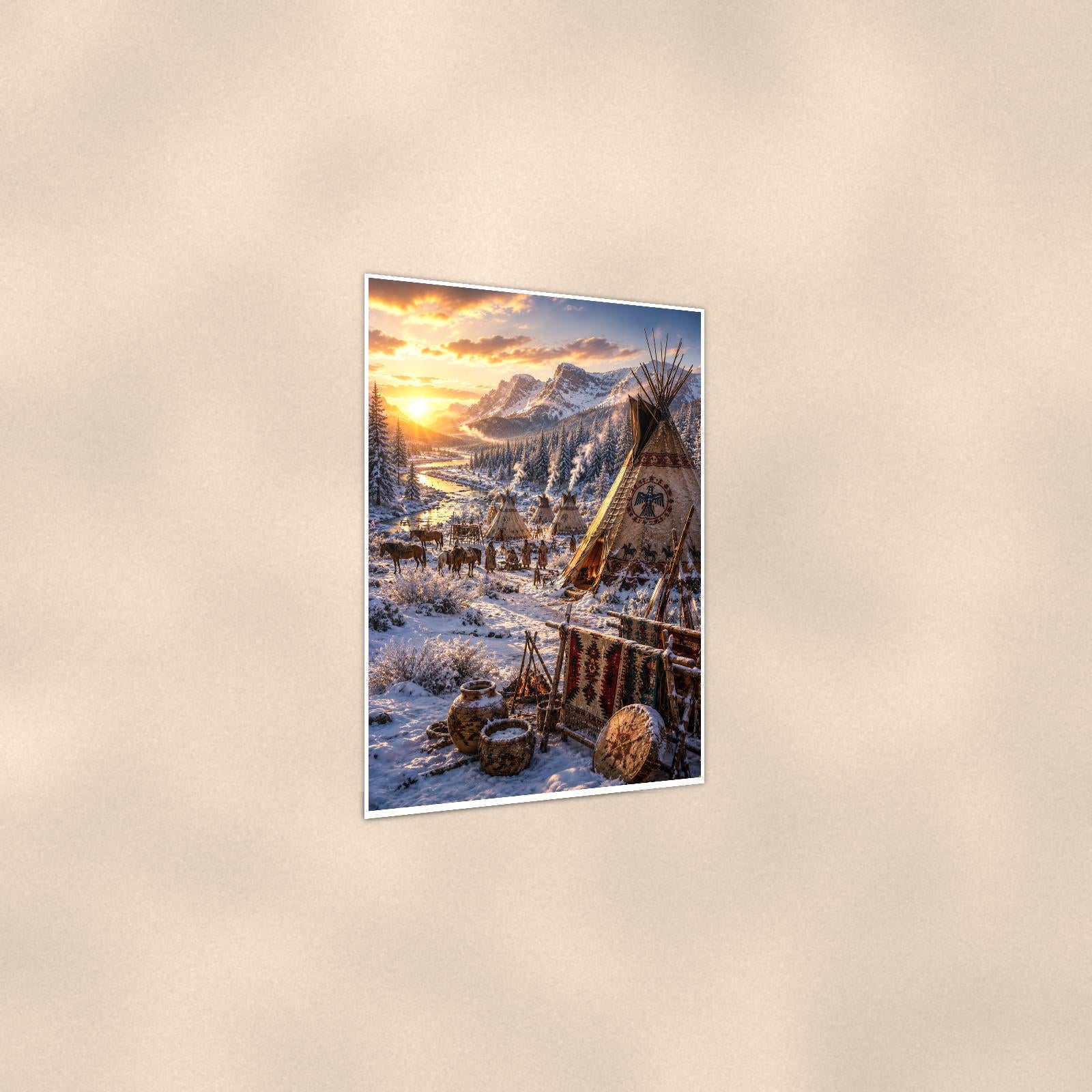Snowy Teepee Camp — 24x36 in art print poster, premium luster paper with a white border; gentle three-quarter angle on a warm wall, showing the flat paper edge.