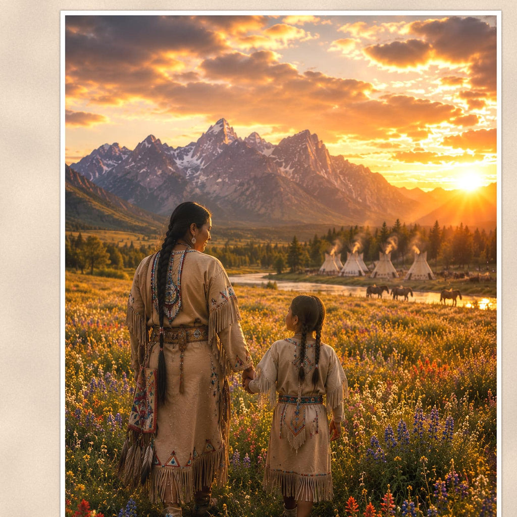 Native Family Prairie — 24x36 in art print poster, premium luster paper with a white border; close-up framed on the main subject of the artwork, paper surface visible.