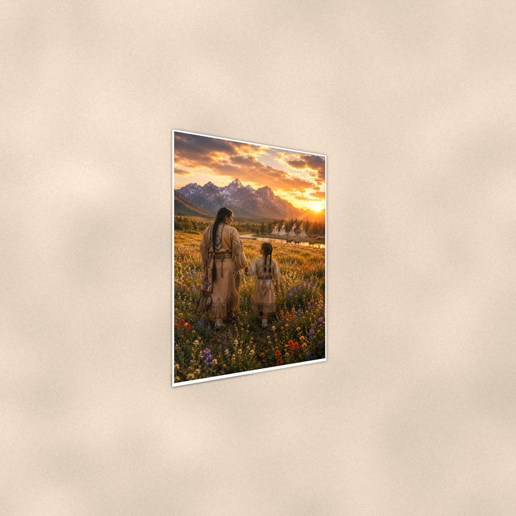 Native Family Prairie — 24x36 in art print poster, premium luster paper with a white border; steeper three-quarter angle on a warm wall, catching the luster sheen.