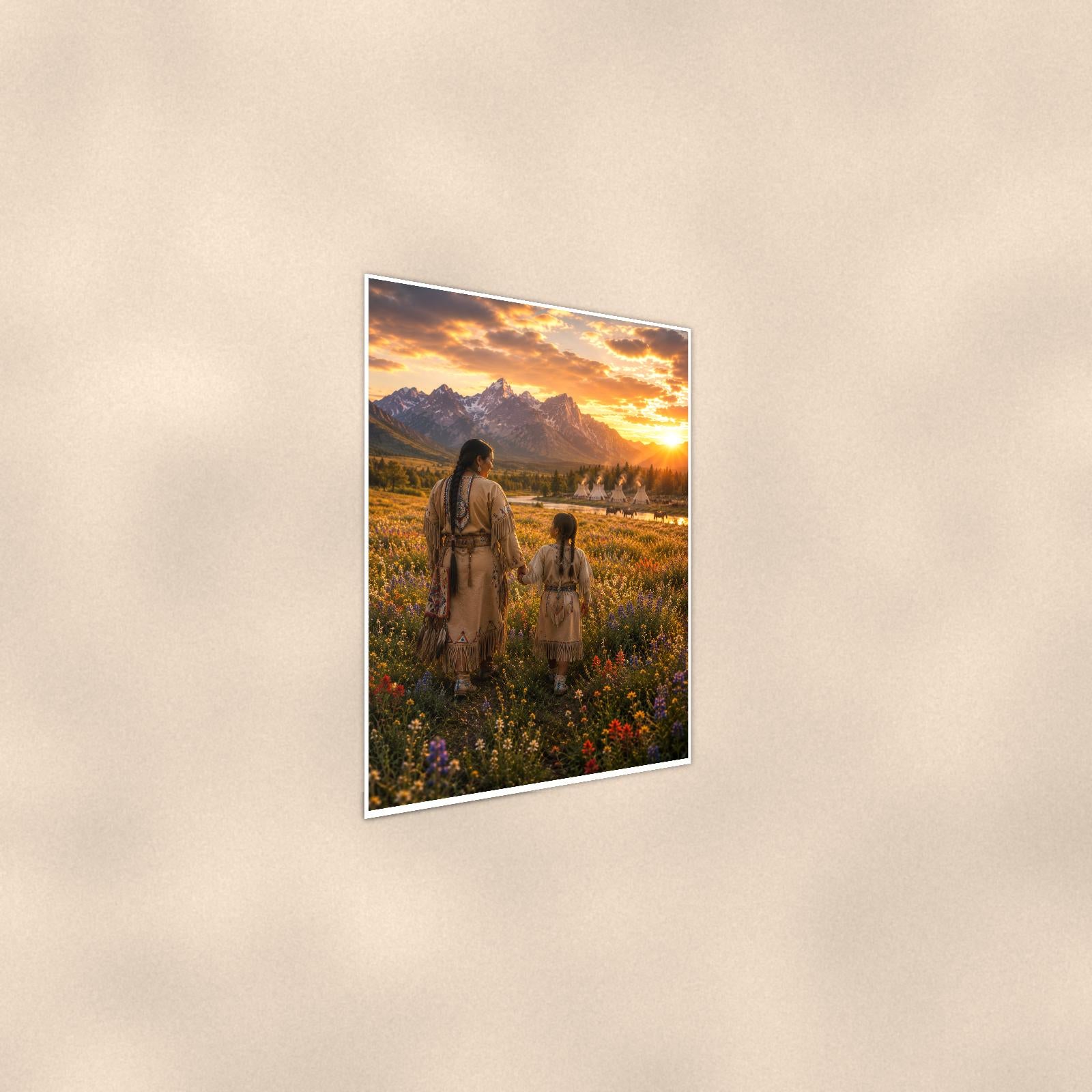 Native Family Prairie — 24x36 in art print poster, premium luster paper with a white border; steeper three-quarter angle on a warm wall, catching the luster sheen.