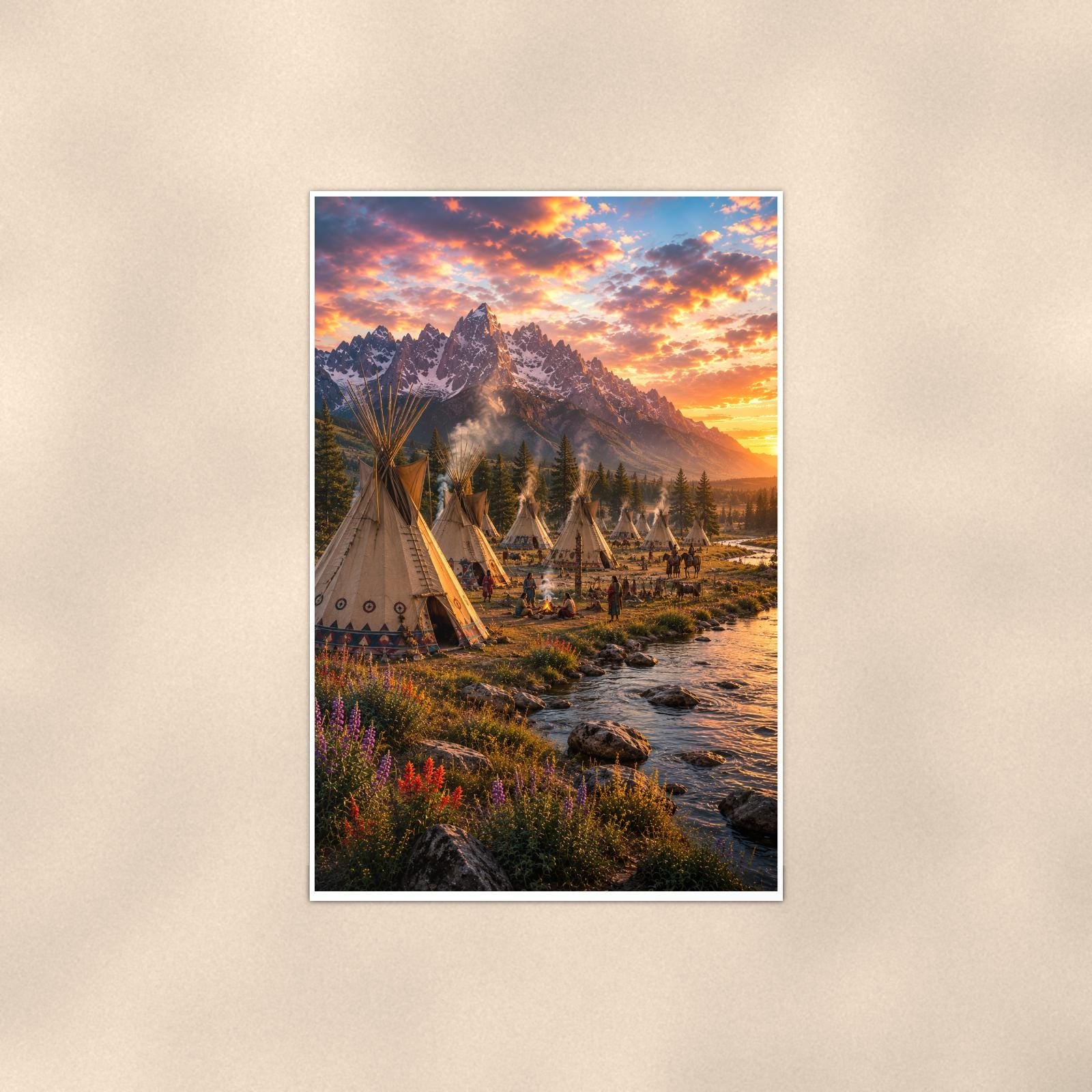 Mountain Teepee Village — 24x36 in art print poster, premium luster paper with a white border; poster shown straight on against a warm wall.