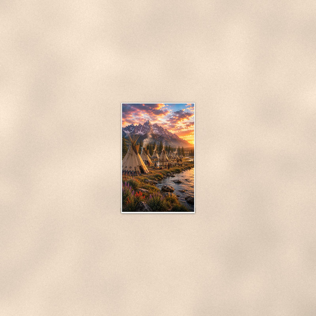 Mountain Teepee Village — 24x36 in art print poster, premium luster paper with a white border; poster seen from further back, at true 24x36 in scale on a warm wall.