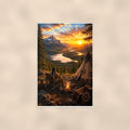 Lakeside Teepee Camp — 24x36 in art print poster, premium luster paper with a white border; poster shown straight on against a warm wall.