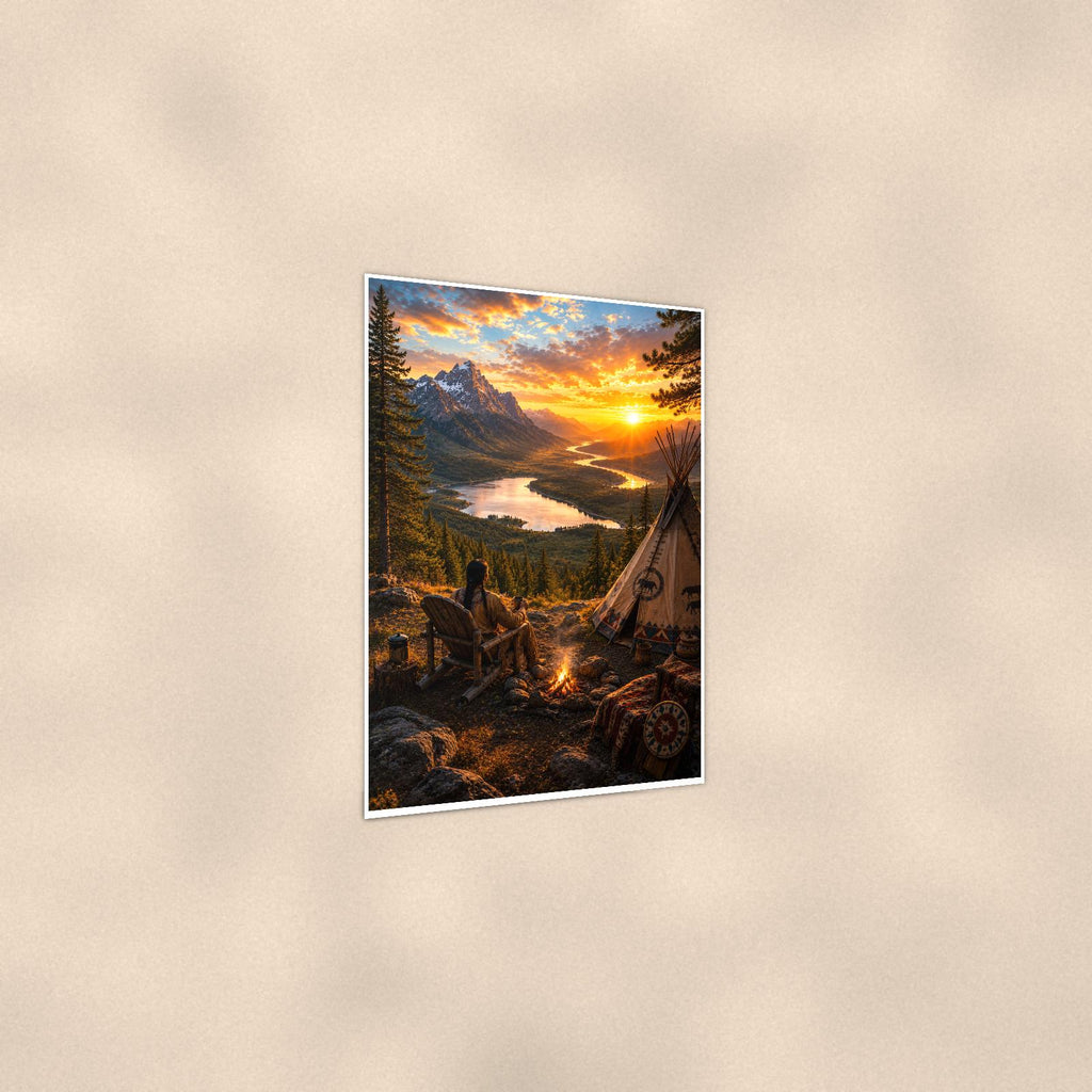 Lakeside Teepee Camp — 24x36 in art print poster, premium luster paper with a white border; gentle three-quarter angle on a warm wall, showing the flat paper edge.