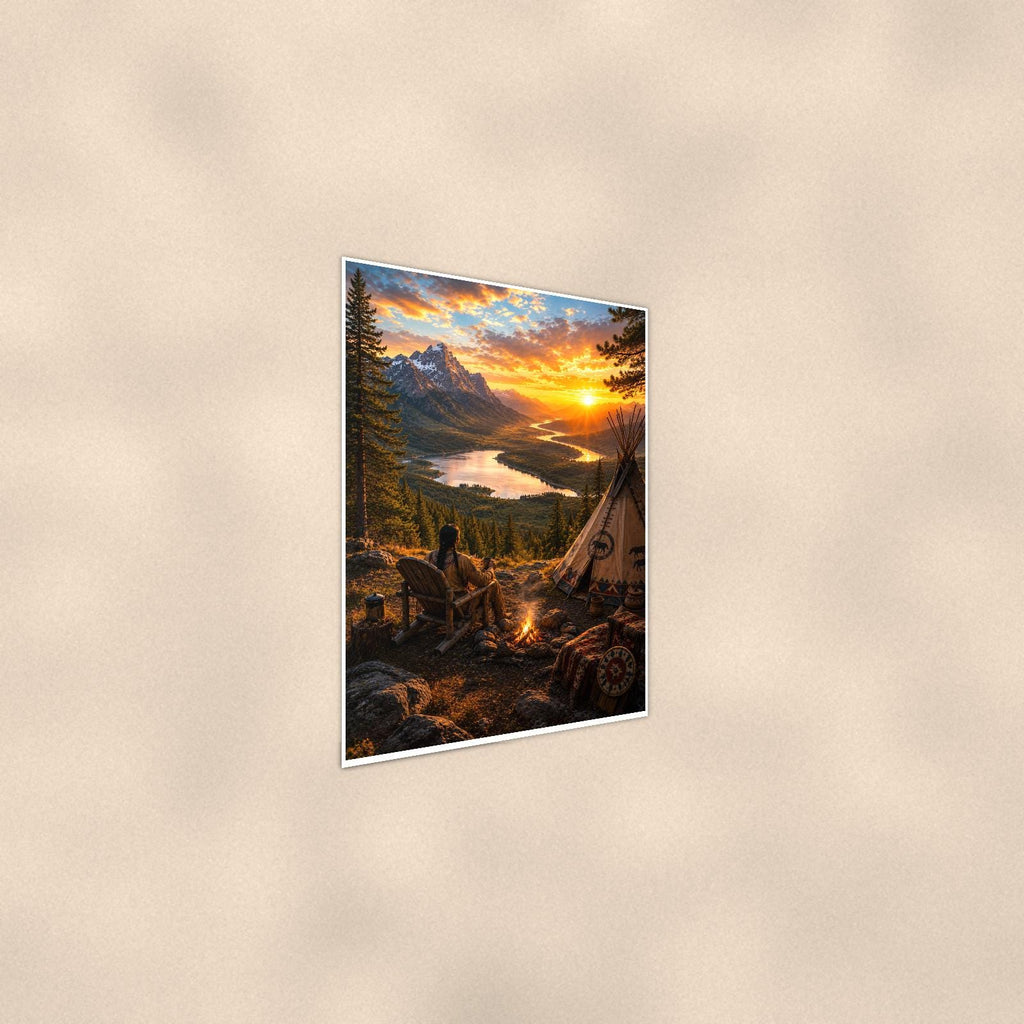 Lakeside Teepee Camp — 24x36 in art print poster, premium luster paper with a white border; steeper three-quarter angle on a warm wall, catching the luster sheen.