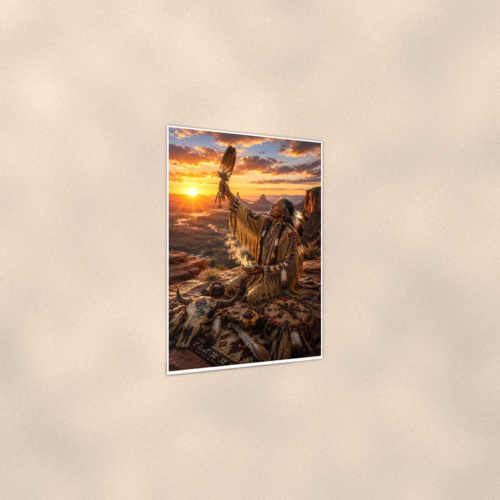 Native Sunset Ceremony — 24x36 in art print poster, premium luster paper with a white border; gentle three-quarter angle on a warm wall, showing the flat paper edge.