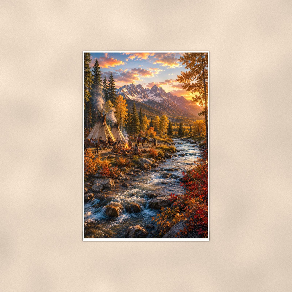 Autumn Teepee Creek — 24x36 in art print poster, premium luster paper with a white border; poster shown straight on against a warm wall.
