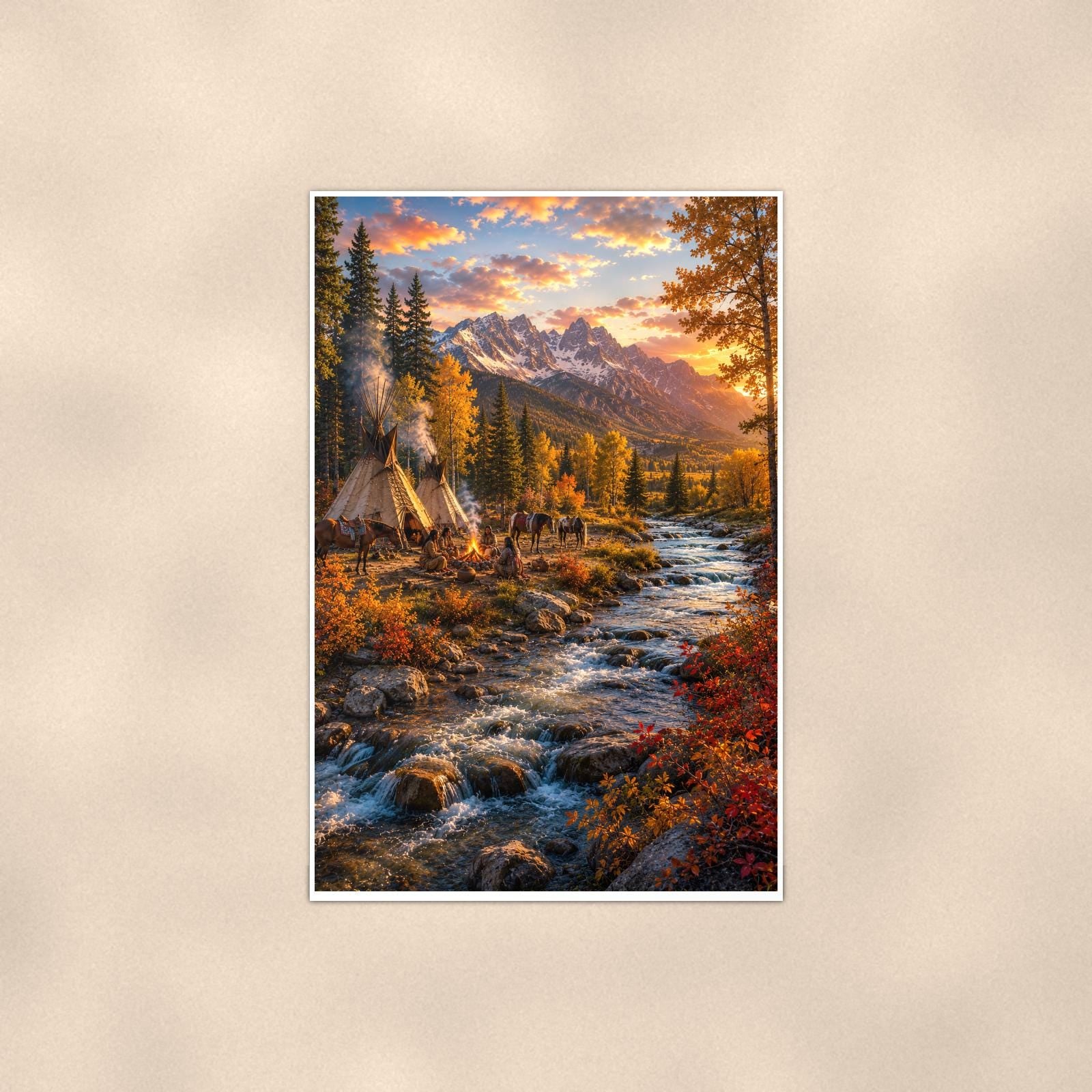 Autumn Teepee Creek — 24x36 in art print poster, premium luster paper with a white border; poster shown straight on against a warm wall.