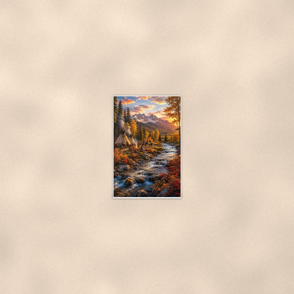 Autumn Teepee Creek — 24x36 in art print poster, premium luster paper with a white border; poster seen from further back, at true 24x36 in scale on a warm wall.