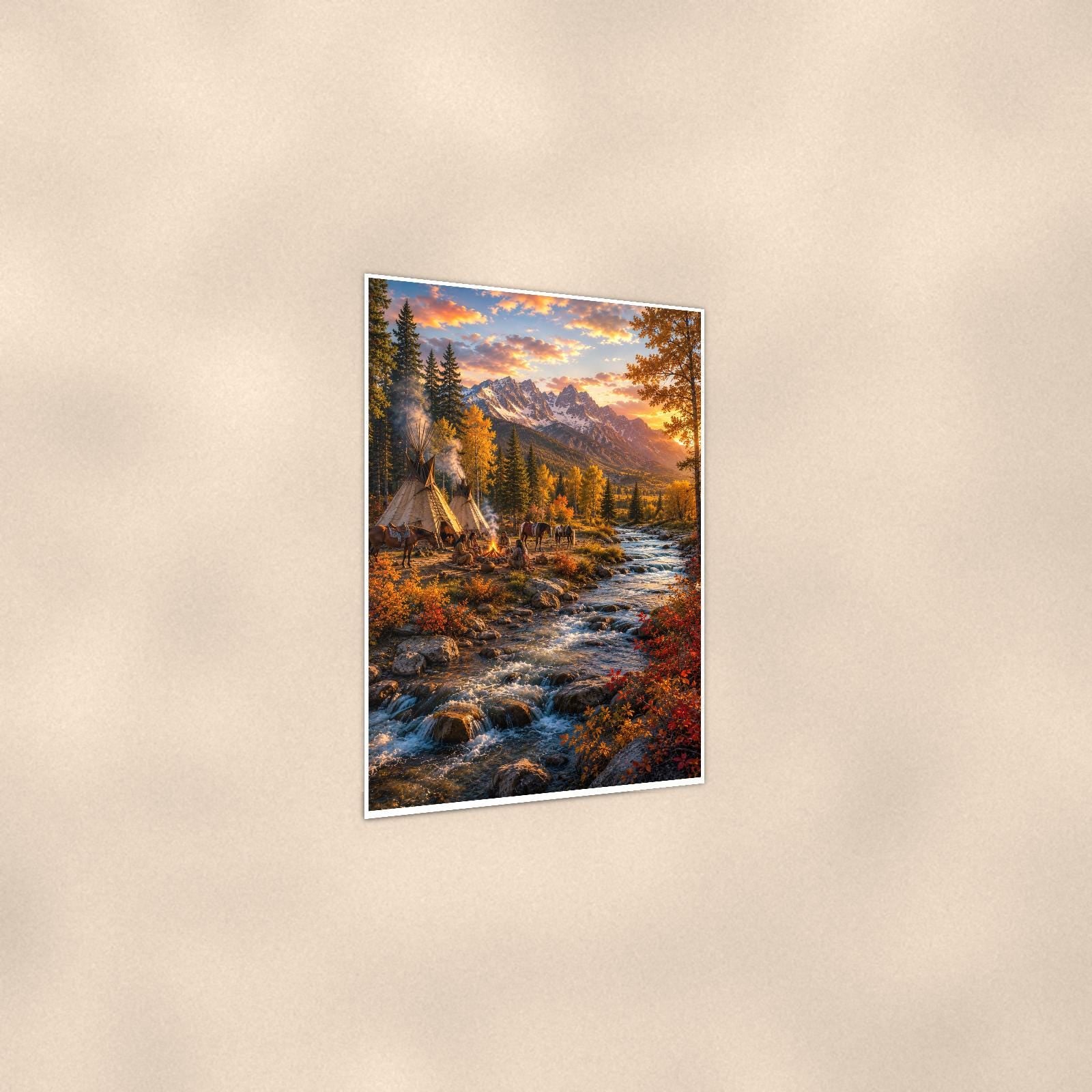 Autumn Teepee Creek — 24x36 in art print poster, premium luster paper with a white border; gentle three-quarter angle on a warm wall, showing the flat paper edge.