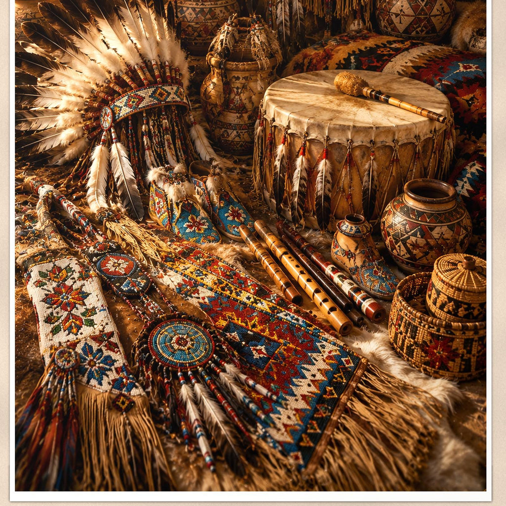 Native Artifact Lodge — 24x36 in art print poster, premium luster paper with a white border; close-up framed on the main subject of the artwork, paper surface visible.