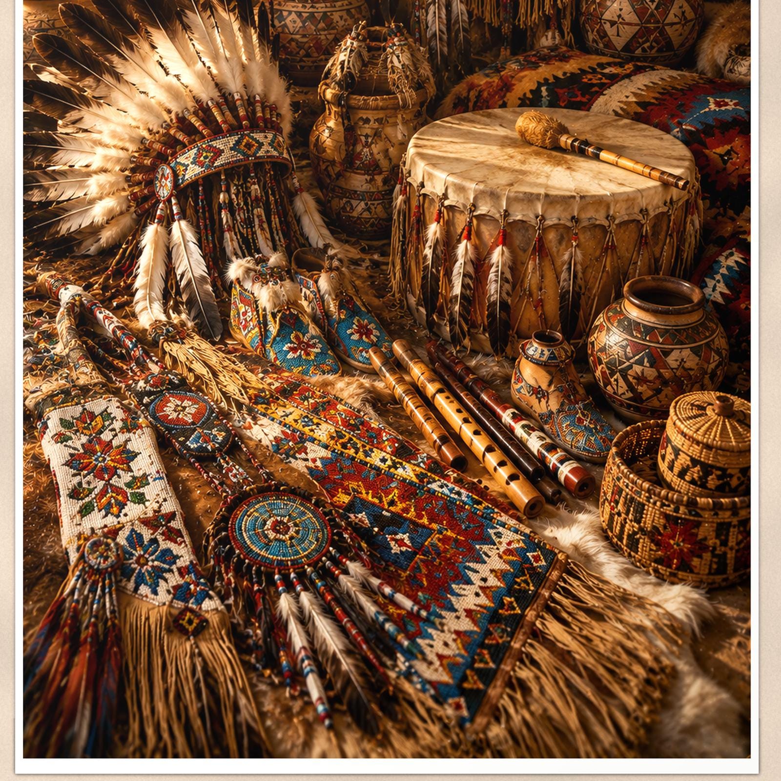 Native Artifact Lodge — 24x36 in art print poster, premium luster paper with a white border; close-up framed on the main subject of the artwork, paper surface visible.