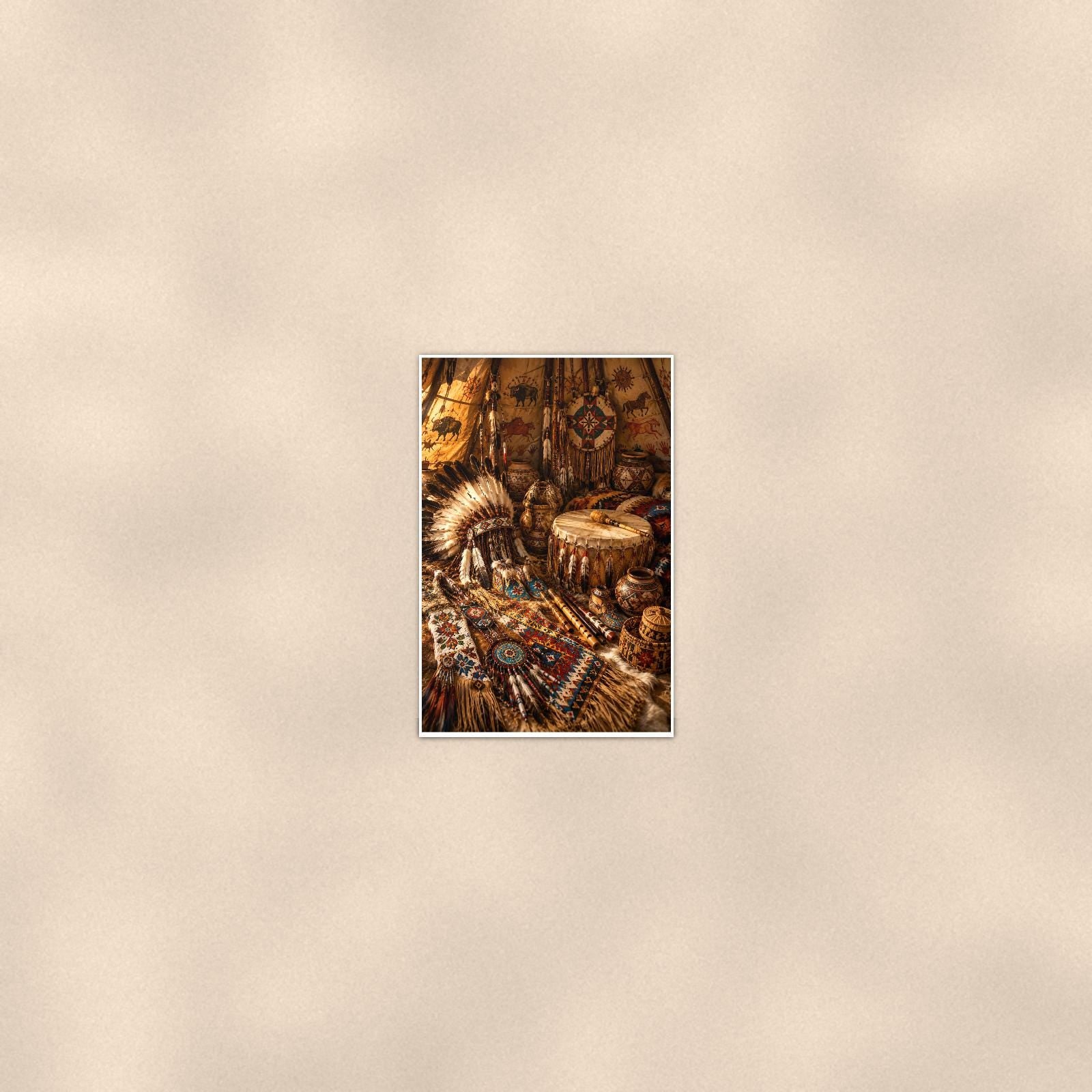 Native Artifact Lodge — 24x36 in art print poster, premium luster paper with a white border; poster seen from further back, at true 24x36 in scale on a warm wall.