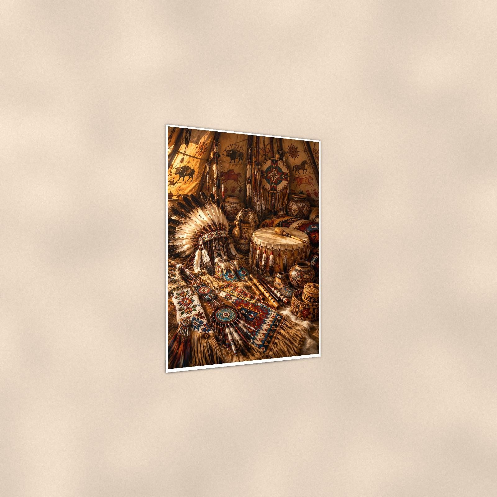 Native Artifact Lodge — 24x36 in art print poster, premium luster paper with a white border; gentle three-quarter angle on a warm wall, showing the flat paper edge.