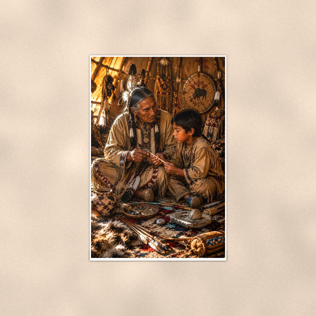 Native Teaching Scene — 24x36 in art print poster, premium luster paper with a white border; poster shown straight on against a warm wall.