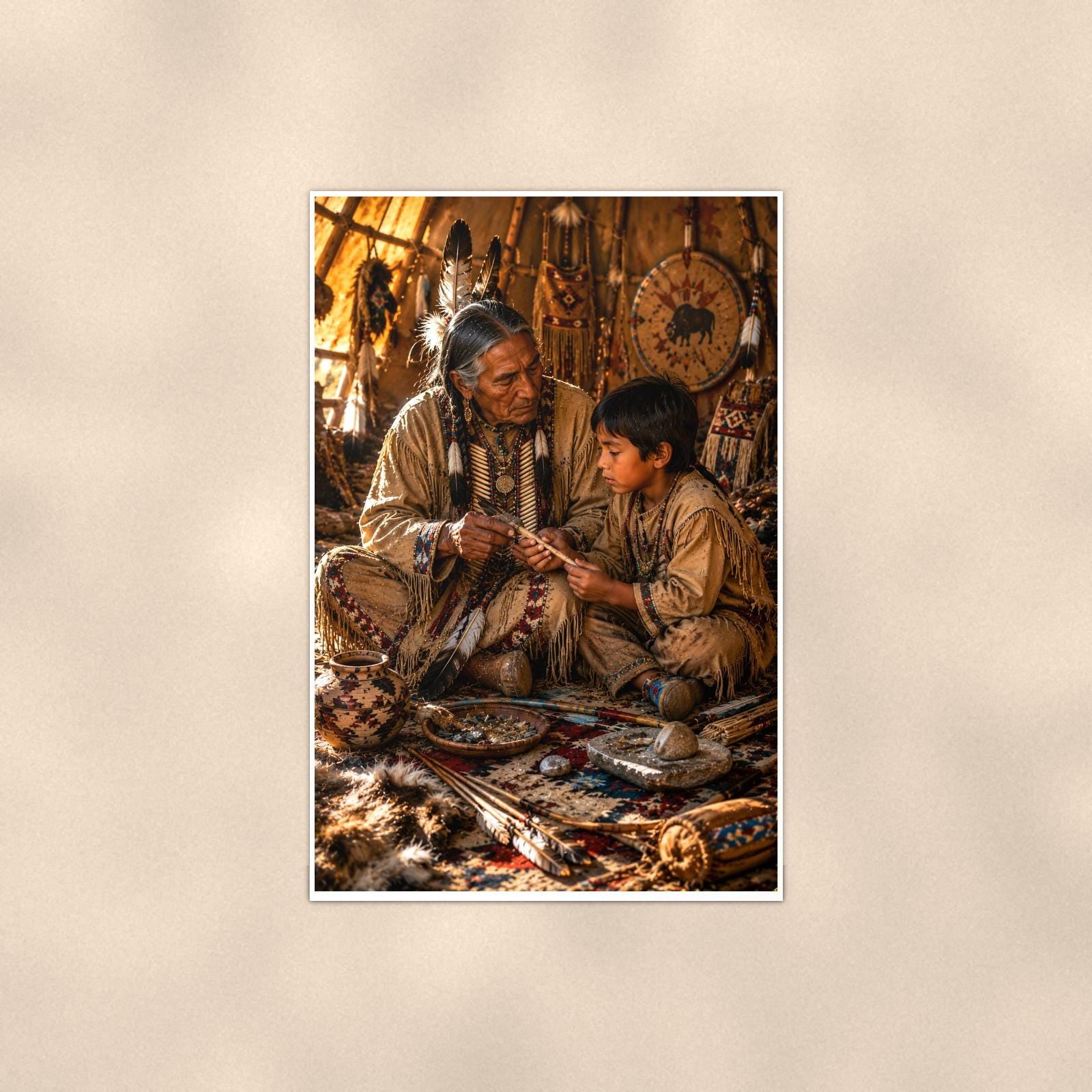 Native Teaching Scene — 24x36 in art print poster, premium luster paper with a white border; poster shown straight on against a warm wall.