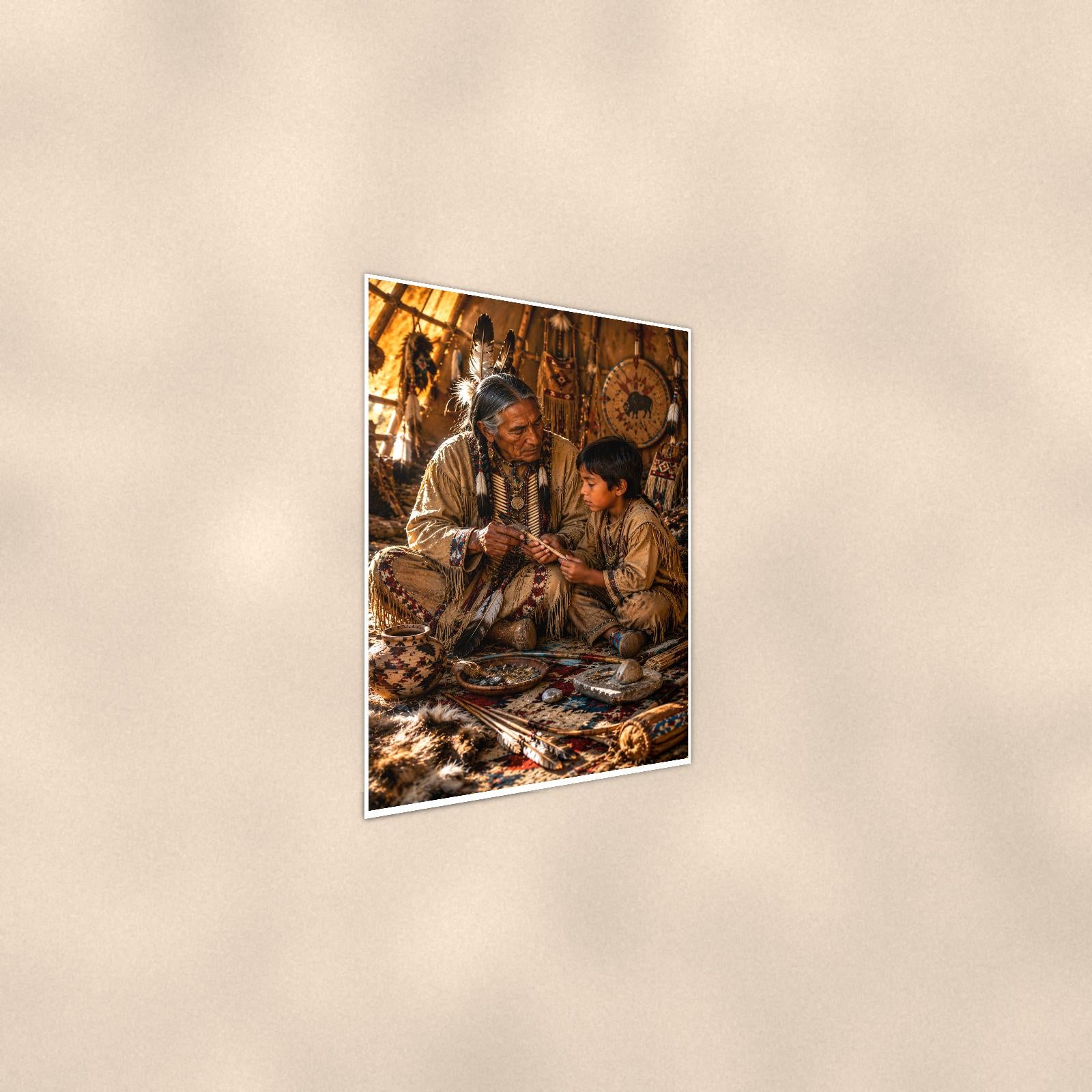 Native Teaching Scene — 24x36 in art print poster, premium luster paper with a white border; steeper three-quarter angle on a warm wall, catching the luster sheen.