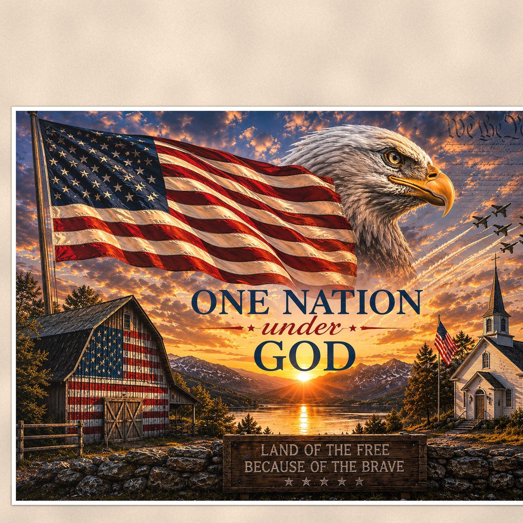 One Nation Under God Barn Church — 36x24 in art print poster, premium luster paper with a white border; close-up framed on the main subject of the artwork, paper surface visible.