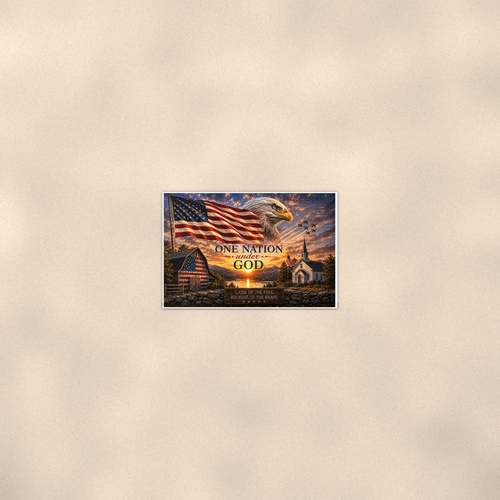 One Nation Under God Barn Church — 36x24 in art print poster, premium luster paper with a white border; poster seen from further back, at true 24x36 in scale on a warm wall.