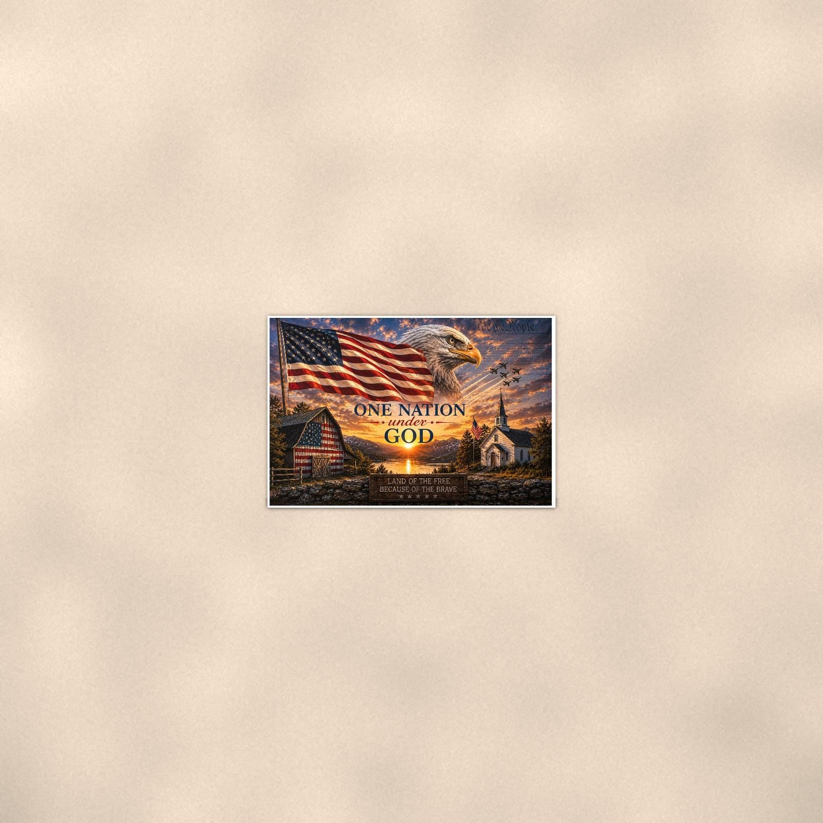 One Nation Under God Barn Church — 36x24 in art print poster, premium luster paper with a white border; poster seen from further back, at true 24x36 in scale on a warm wall.