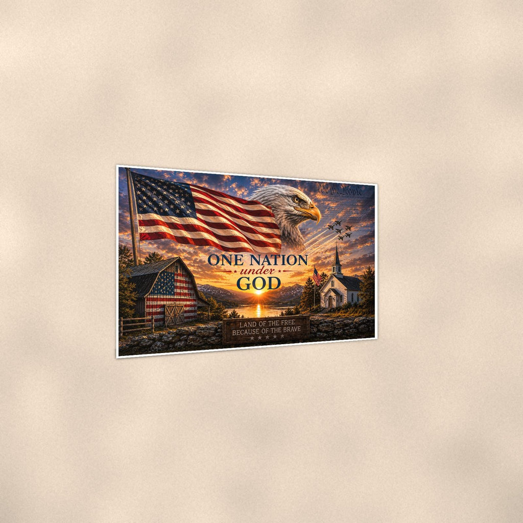 One Nation Under God Barn Church — 36x24 in art print poster, premium luster paper with a white border; gentle three-quarter angle on a warm wall, showing the flat paper edge.