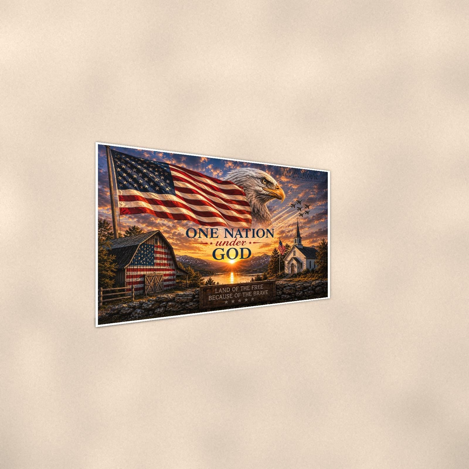 One Nation Under God Barn Church — 36x24 in art print poster, premium luster paper with a white border; steeper three-quarter angle on a warm wall, catching the luster sheen.