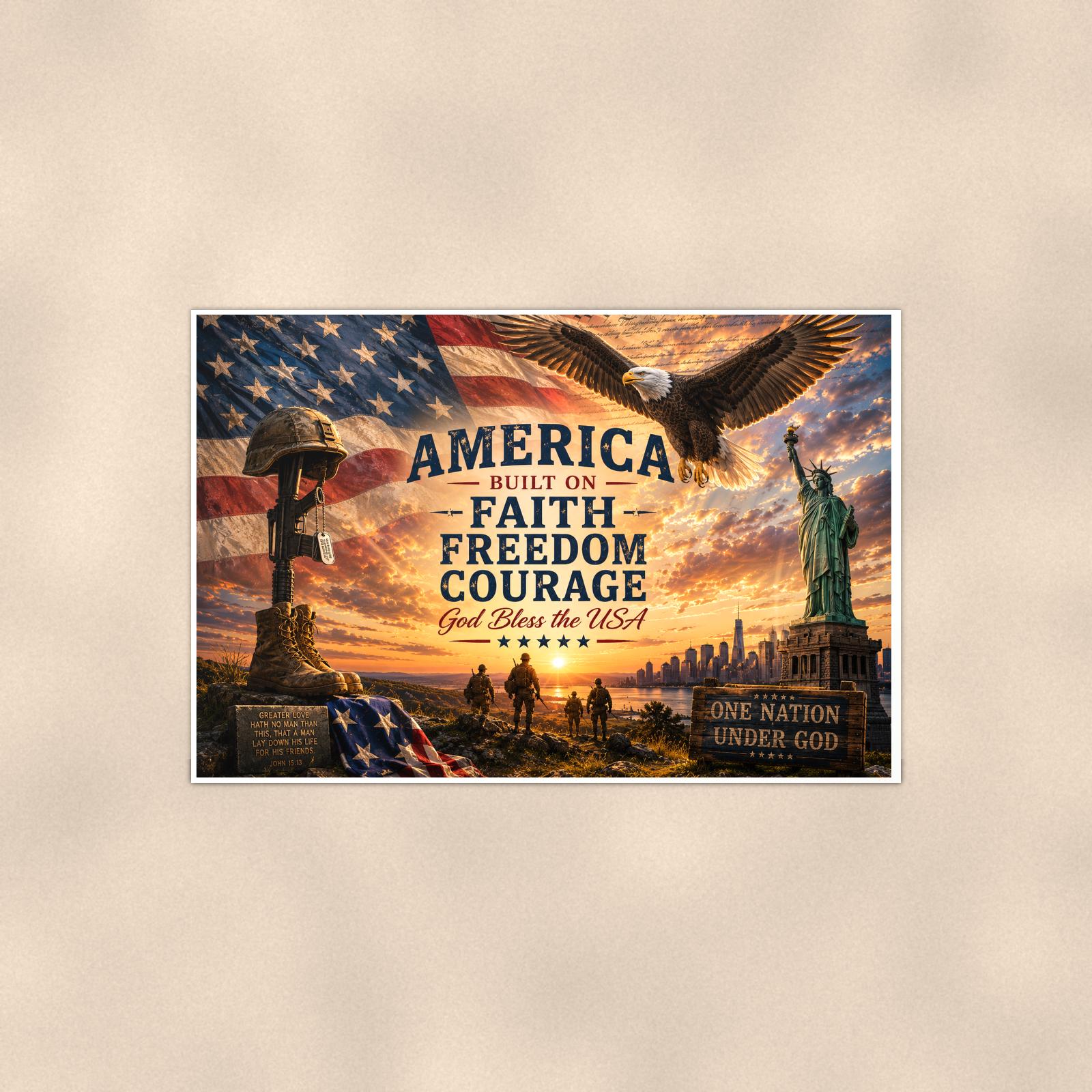 America Faith Freedom Courage (2) — 36x24 in art print poster, premium luster paper with a white border; poster shown straight on against a warm wall.