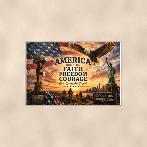 America Faith Freedom Courage (2) — 36x24 in art print poster, premium luster paper with a white border; poster shown straight on against a warm wall.