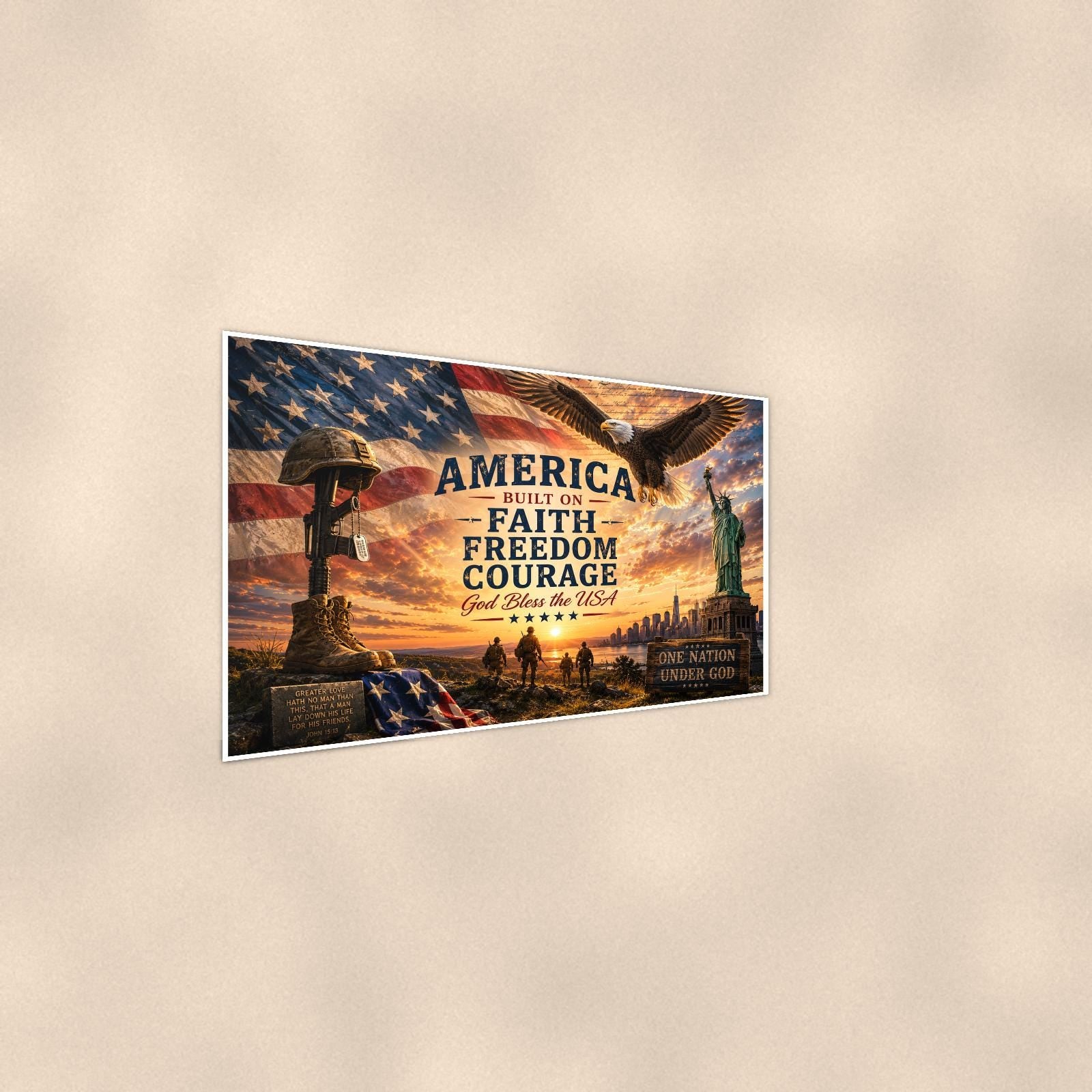 America Faith Freedom Courage (2) — 36x24 in art print poster, premium luster paper with a white border; steeper three-quarter angle on a warm wall, catching the luster sheen.