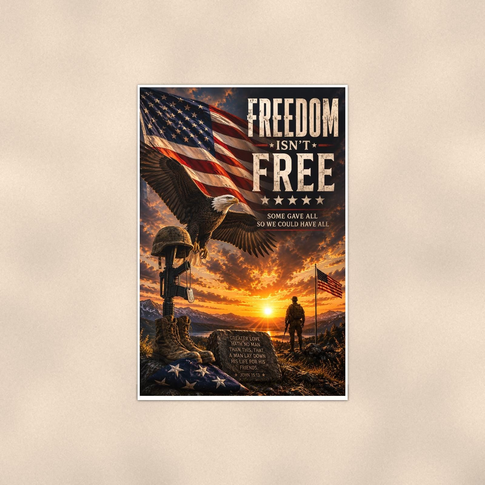 Freedom Isn't Free Eagle Sunset (2) — 24x36 in art print poster, premium luster paper with a white border; poster shown straight on against a warm wall.