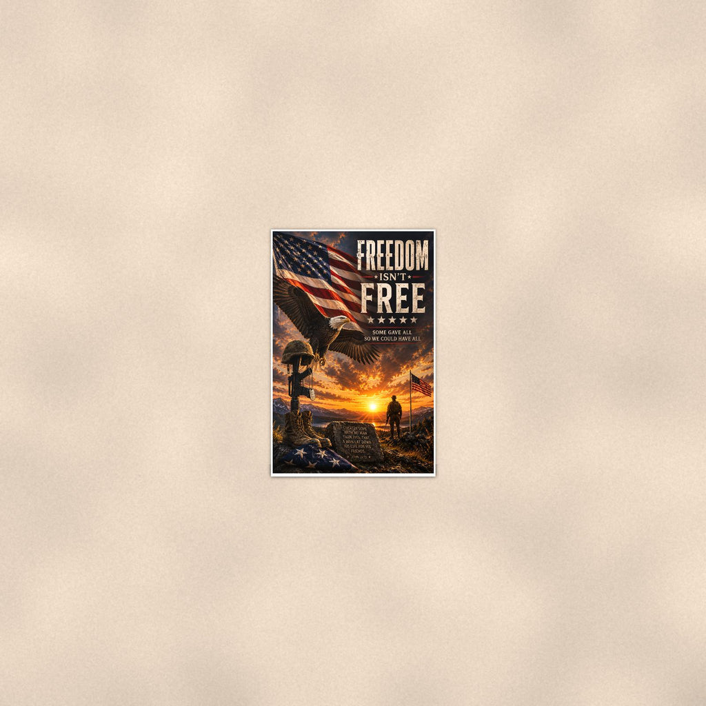 Freedom Isn't Free Eagle Sunset (2) — 24x36 in art print poster, premium luster paper with a white border; poster seen from further back, at true 24x36 in scale on a warm wall.