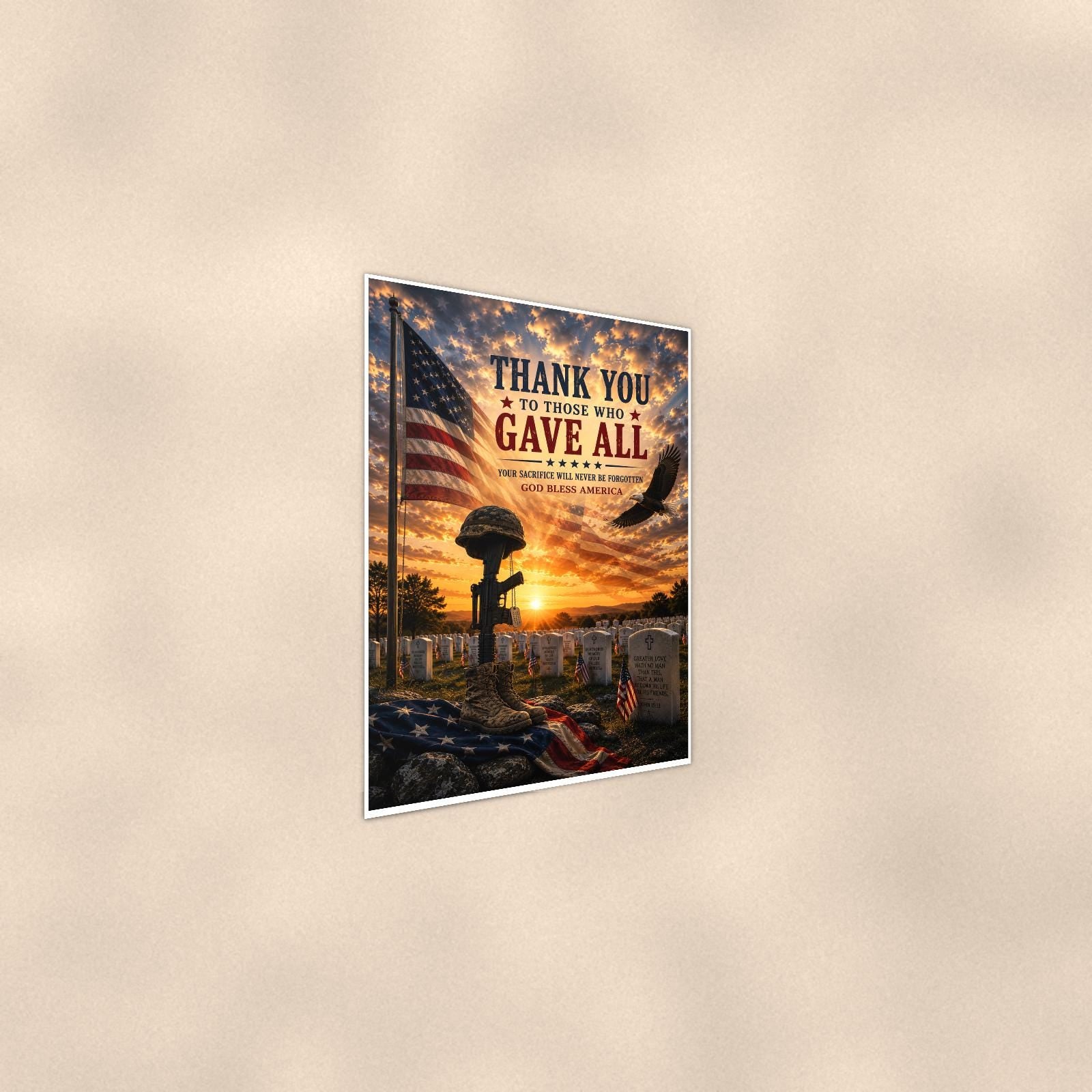 Thank You to Those Who Gave All — 24x36 in art print poster, premium luster paper with a white border; steeper three-quarter angle on a warm wall, catching the luster sheen.