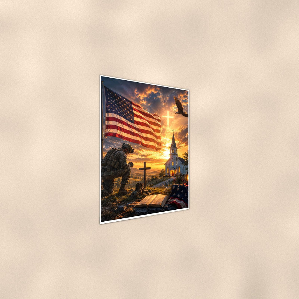 Soldier at the Church Cross (2) — 24x36 in art print poster, premium luster paper with a white border; steeper three-quarter angle on a warm wall, catching the luster sheen.