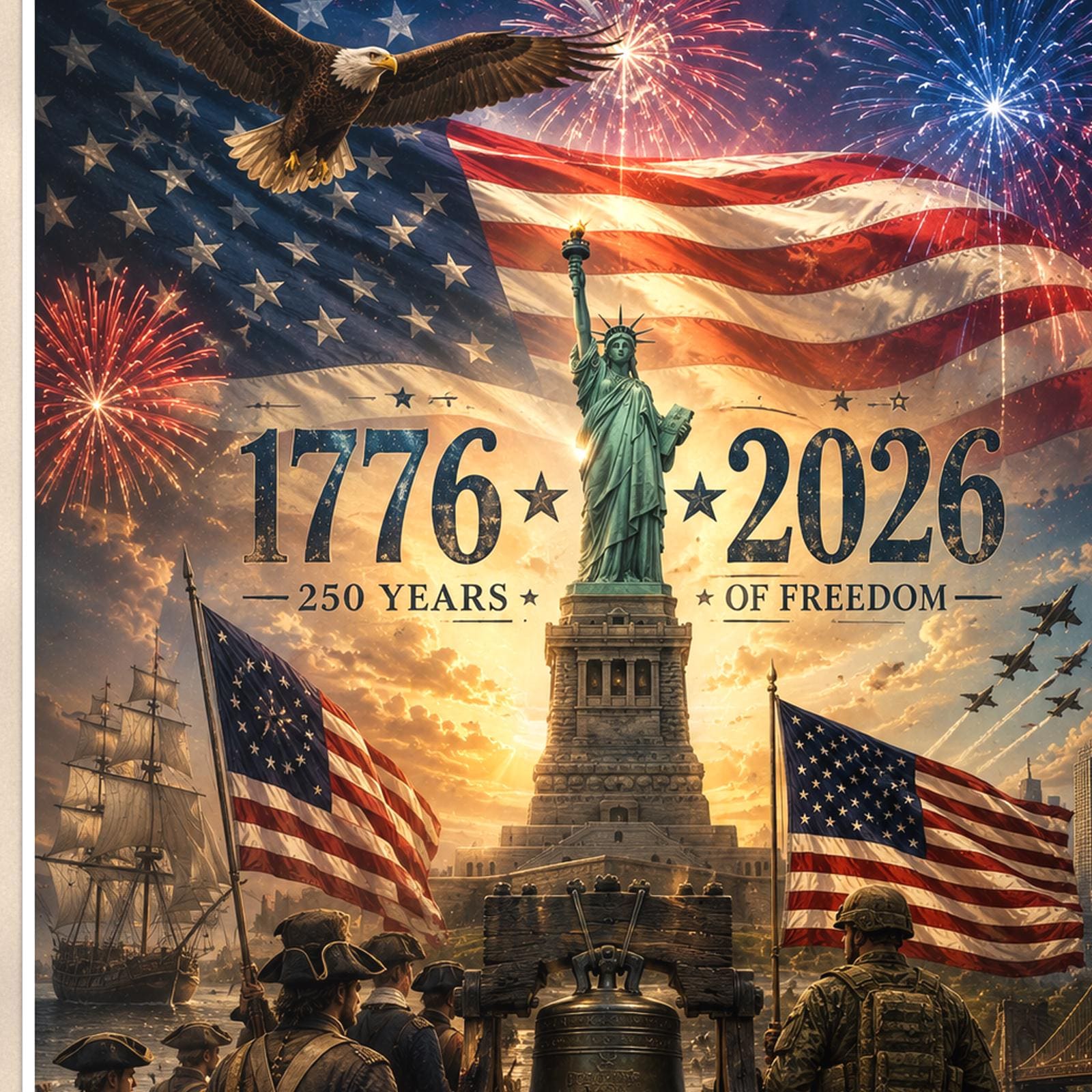 1776 2026 250 Years of Freedom — 24x36 in art print poster, premium luster paper with a white border; close-up framed on the main subject of the artwork, paper surface visible.