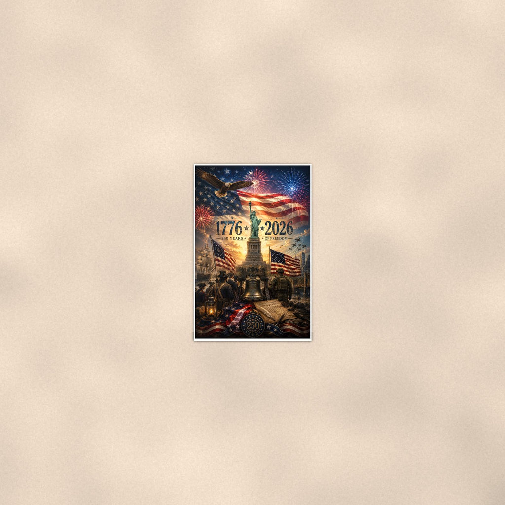 1776 2026 250 Years of Freedom — 24x36 in art print poster, premium luster paper with a white border; poster seen from further back, at true 24x36 in scale on a warm wall.