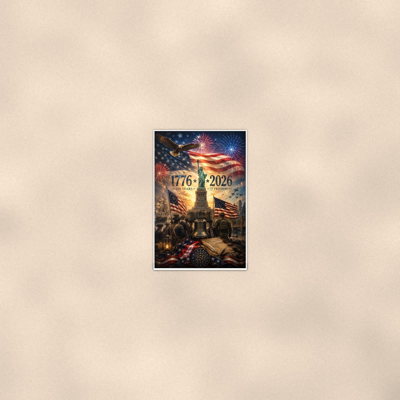 1776 2026 250 Years of Freedom — 24x36 in art print poster, premium luster paper with a white border; poster seen from further back, at true 24x36 in scale on a warm wall.