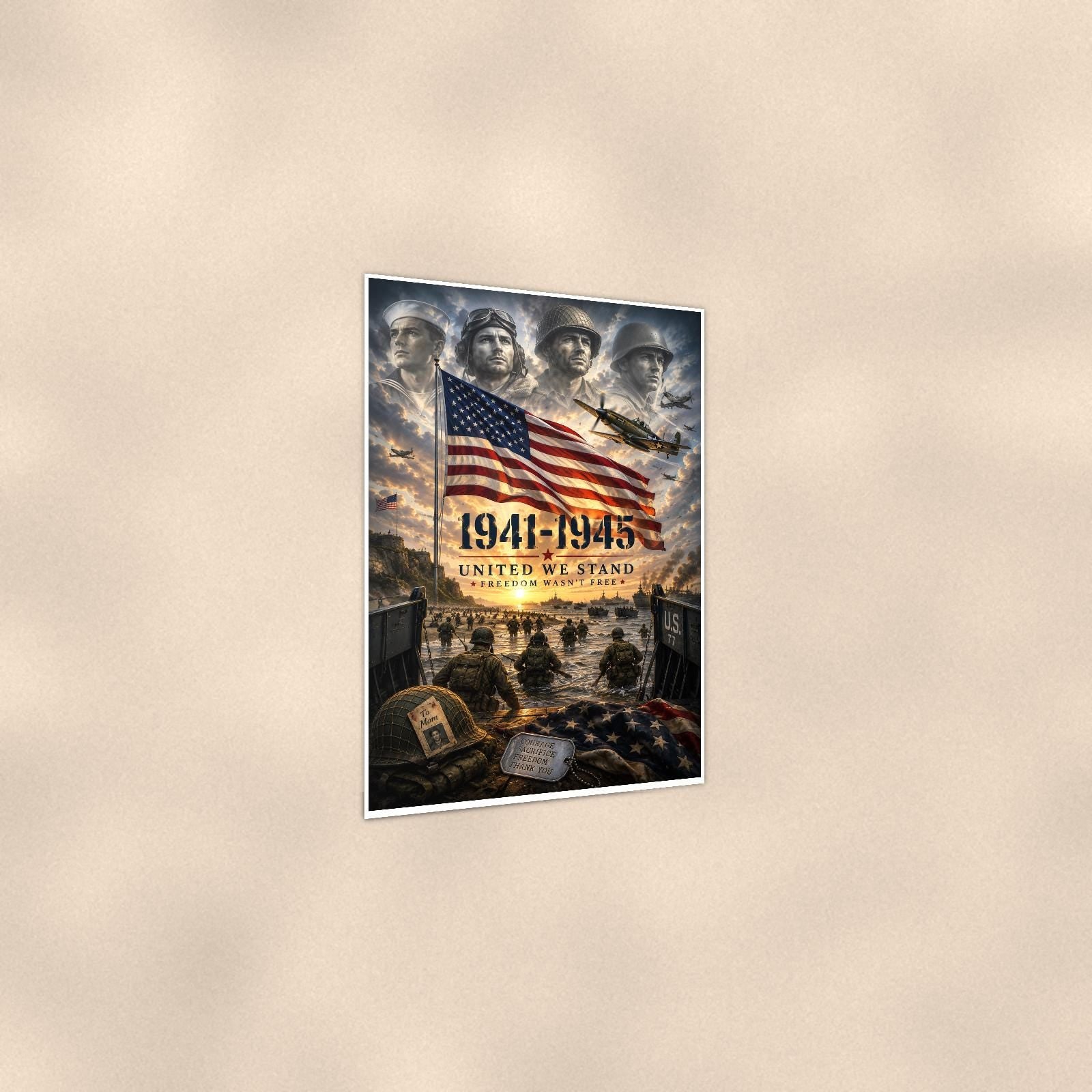 World War Ii 1941 1945 United We Stand (2) — 24x36 in art print poster, premium luster paper with a white border; gentle three-quarter angle on a warm wall, showing the flat paper edge.