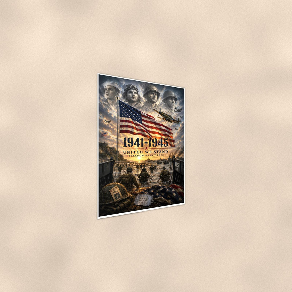 World War Ii 1941 1945 United We Stand (2) — 24x36 in art print poster, premium luster paper with a white border; steeper three-quarter angle on a warm wall, catching the luster sheen.